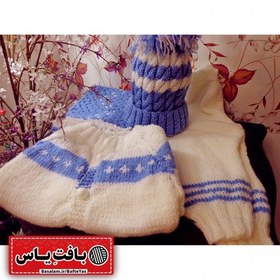 تصویر بافت ژاکت وشلوار نوزادی همراه کلاه وشال گردن 