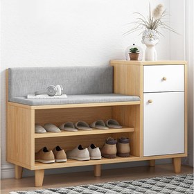 تصویر نیمکت نگهداری کفش MUMOO BEAR - ارسال 20 روز کاری MUMOO BEAR Shoe Storage Bench, Wooden Shoe Bench with Soft Cushion Seat, Storage Rack and Side Cabinet, Entryway Shoe Cabinet for Home Hallway Bedroom Living Room (YN007)