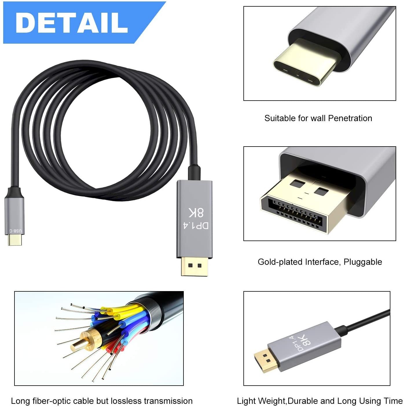 Maxonar USB C to DisplayPort VESA Certified, 8K 60Hz Type C to DP Cable  6.6FT/2M(4K 60Hz 144Hz 120Hz 2K 240Hz) 32.4Gbps 1.4 HBR3 Alt Mode Video