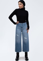 تصویر شلوار واید لگ زاپ‌دار آبی وسط ۵۲۱۵۲۵ Mid Blue Ripped Wide-Leg Pants Royal Jeans