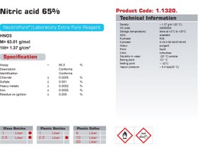 تصویر نیتریک اسید 65 درصد 1 لیتری بطری شیشه ای گرید Extra Pure، شیمی دارویی نوترون Nitric acid 65% 1 Lit, Grade Extra Pure, Glass Bottle Neutron