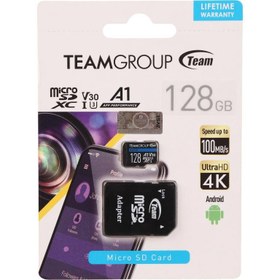 تصویر رم میکرو 128 گیگ تیم گروپ TeamGroup A1 V30 U3 100MB/s + خشاب TeamGroup A1 V30 U3 C10 100MB/s 128GB Micro SD Memory Card With Adapter