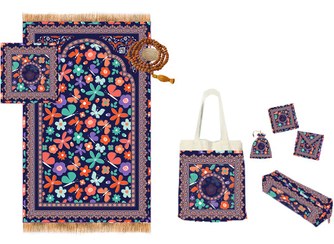 تصویر پک ندا ست پنج تیکه سجاده جانماز ، کیف ، جامدادی ، جامهری ، کیف متبرک ویژه جشن تکلیف جنس مخمل مبلی و چاپ سابلیمیشن