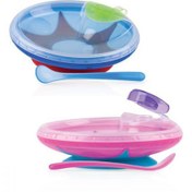 تصویر ظرف غذای چسبان به همراه قاشق و منفذ آب گرم Nuby 