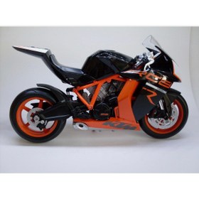تصویر مدل موتور سیکلت کنترلی ۱۱۹۰ RC8 R مقیاس ۱:۱۰ – موتور اسپرت مشکی و نارنجی برند welly 1:10 Scale Diecast 1190 RC8 R Motorcycle Model Toy – Black and Orange Sport Bike