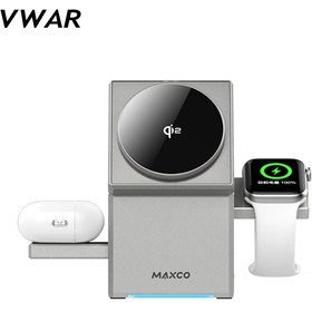 تصویر شارژر سه کاره وایرلس وی وار مکس کو شارژر وایرلس مگنتی 3 کاره مکس کو Maxco Geometry 3in1 Wireless Charger MW11 VWAR | Maxco Qi2 Certified 3-in-1 Wireless charger with Auto-Rotating Phone Dock compatible with MagSafe magnetic fast charging for phones, apple watch, and earbuds