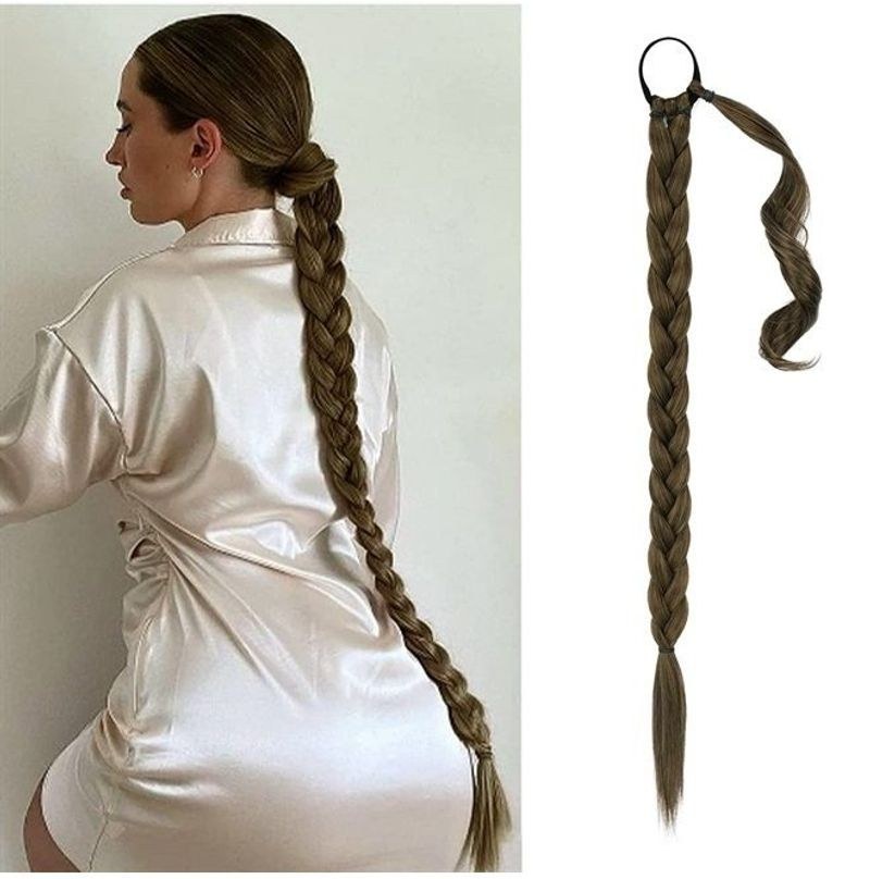 26 Inch Long Braided Ponytail Extension with Hair Tie Straight Wrap Around  Hair Extensions Pony Tail DIY Natural Soft Synthetic Hair Piece for Women