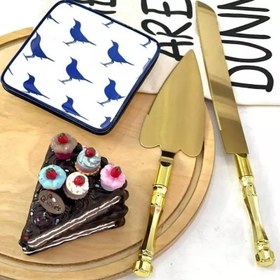 تصویر کارد و کفگیر جفتی کیک مدل طلایی Golden model cake knife and spatula set