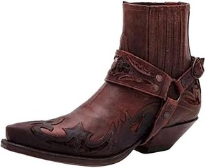 تصویر Mens Leather Cowboy Riding Ankle Boots Croc Cuban Biker Dancing Winklepickers Western 