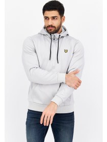 تصویر هودی مردانه آستین بلند با زیپ نیمه، لوگوی برند، خاکستری روشن برند lyle & scott Men Long Sleeve Half Zip Brand Logo Hoodie, Light Grey