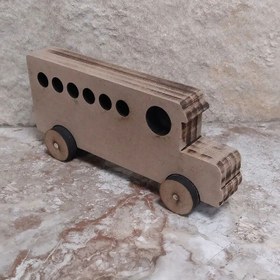 تصویر اتوبوس چوبی چرخدار متحرک خام و بدون رنگ مناسب سیسمونی و اسباب بازی کودک 
