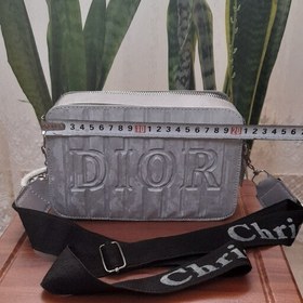 تصویر کیف DIOR .رنگ طوسی با بند مشکی.دارای دو زیپ و یک جا کارتی در پشت کیف. 