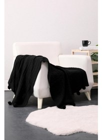 تصویر پتو تلویزیونی بافتنی بیوکاتن با پوم‌پوم - مشکی برند favora Biocotton Knitwear Pompom TV Blanket - Black