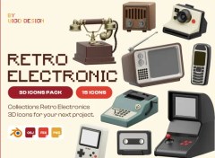 تصویر آیکون های سه بعدی الکترونیک رترو | Retro Electronics 3D Icon 