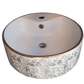 تصویر روشویی روکابینتی لنو سفید طلایی طرح شکوفه نوین سرام Leno Gold White Top Counter Basin