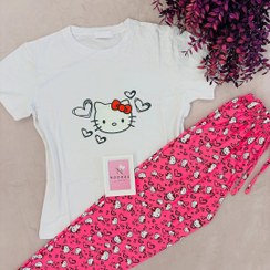 تصویر ست تی شرت شلوار زنانه کرم صورتی سفید 