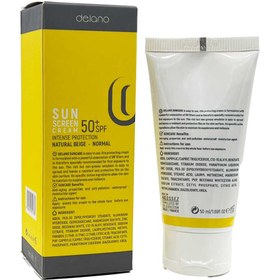 تصویر کرم ضد آفتاب رنگی مناسب پوست نرمال بژ طبیعی اس پی اف 50 دلانو Delano Sunscreen SPF 50+ Nutural Beige Normal Skin 50ml 