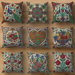 تصویر مجموعه کوسن سنتی طرح کاشی و گل و مرغ 