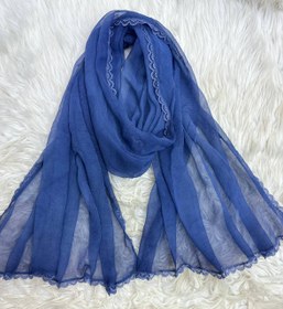 تصویر شال حریر دور دانتل مزونی وارداتی(رنگبندی) - آبی یخی 