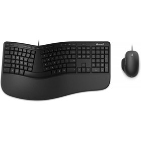 تصویر کیبورد Microsoft Ergonomic مدل RJU-00001 +ماوس Microsoft Ergonomic Desktop - Black - Wired, Comfortable, Ergonomic Keyboard and Mouse Combo, with Cushioned Wrist and Palm Support. Split Keyboard. Dedicated Office Key.