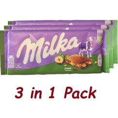 تصویر شکلات تخته‌ای میلکا با تکه‌های فندق، بسته 3 عددی Hazelnuts Milka Chocolate bar, 3 in 1