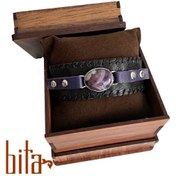 تصویر دستبند چرمی سنگ امیتیست با قاب نقره 