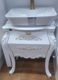 تصویر روشویی کابینتی PVC پایه دار سفید و طلایی با سنگ سفید 