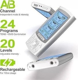 تصویر دستگاه فیزیوتراپی خانگی AUVON مدل AS8012C دو کاناله با 24 برنامه AUVON AS8012C Home Physiotherapy Device - 24 Programs, Dual Channel, Rechargeable