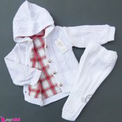 تصویر ست لباس بافتنی نوزاد و کودک سویشرت آستردار و شلوار رنگ سفید baby warm clothes set 