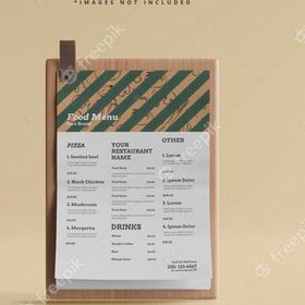 تصویر موکاپ منوی غذا – A4 size food menu on a wooden board mockup 