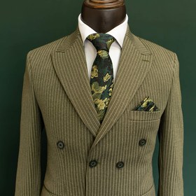 تصویر کت و شلوار مردانه دبل برست دیپلمات کش زیتونی 