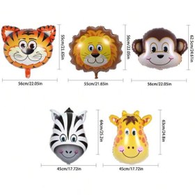 تصویر بادکنک جشن سایز متوسط حیوانات 5pcs Medium Size Forest Natural Jungle Animal Head Aluminum Foil Balloons - Giraffe, Zebra, Tiger, Lion And Monkey Animal Head Balloons