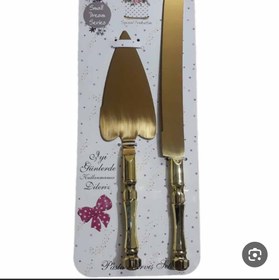 تصویر کارد و کفگیر جفتی کیک مدل طلایی Golden model cake knife and spatula set