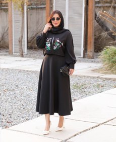 تصویر کت و دامن گلدوزی لینن پاییزه فری سایز رنگ نسکافه ای 