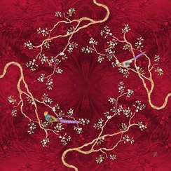 تصویر رومیزی مخمل دکوتین سری لوکس باغ راز ــ زرشکی 