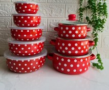 تصویر ست لعابی خال خالی قرمز 