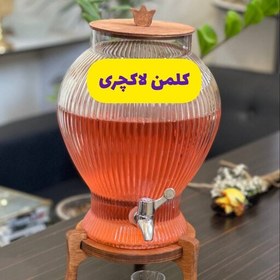 تصویر کلمن شیشه ای پایه چوبی کلمن آبمیوه کلمن شربت کلمن بلور پایه دار 