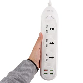 تصویر چند راهی 3 خانه برق ارت دار الدینیو SC-16Q با کابل 2 متری + شارژر USB Ldnio SC-16Q Smart Electricity Adapter 2m With 4 USB Port