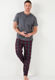 تصویر Ekoseli Pamuklu Beli Lastikli Regular Fit Kısa Kollu Pijama Takımı 6572004 