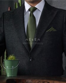 تصویر ست کراوات و دستمال جیب مردانه نسن | سبز زیتونی (ارتشی) آکسفورد (ساده) S2 