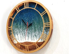 تصویر ساعت دیواری چوبی مدرن رزینی سه بعدی طرح موج دریا با چوب گردو Modern Resin Wooden Wall Clock