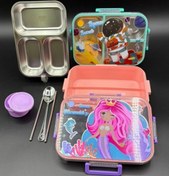 تصویر ظرف غذا و لانچ باکس استیل سه بخشی 850 میلی لیتر همراه پیاله 