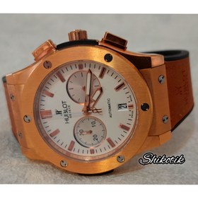 تصویر ساعت مچی HUBLOT مدل GENEVE ( اورجینال) - قاب و اعداد رزگلد صفحه مشکی و بند به رنگ خردلی 