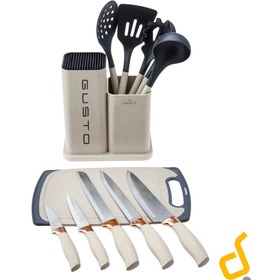 تصویر سرویس چاقو 12پارچه کاراجا مدل Gusto کد7246 Karaca Gusto Black 12 Pieces Knife Serving Cutting Board Set