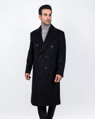 تصویر پالتو بلند دبل برست دو جیب پاکتی خط دار 