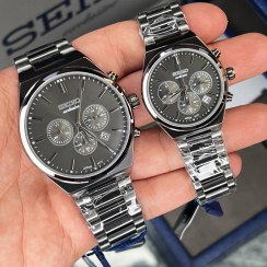 تصویر ساعت سیکو ست زنانه مردانه کرنومتردار سیکو اکسکلوسیو مدل 3177 رنگ نقره ای صفحه مشکی 