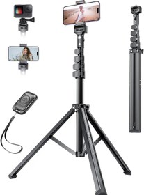 تصویر تریپاد قابل تنظیم همراه با دکمه کنترل سلفی برند PNITRI Pnitri 67'' Phone Tripod Stand with Remote, Extendable Aluminum Ultra-long Selfie Stick Tripod with Remote Stable Cellphone Tripod for iPhone/Samsung, DSLR Camera etc(Matte Black)