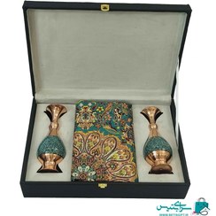 تصویر ست هدیه جفت گلدان 20 فیروزه کوب و رومیزی ترمه یزد به همراه جعبه هدیه 