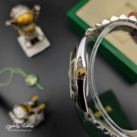 تصویر ساعت رولکس دیت جاست مردانه طلایی نقره ای بند جوبیلی صفحه مشکی ایندکس رولکس ( Rolex )