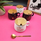 تصویر ماگ سرامیکی طرح قلب با درب بامبو و قاشق طلایی | مناسب هدیه، نوشیدنی‌های گرم و سرد، طراحی فانتزی 
